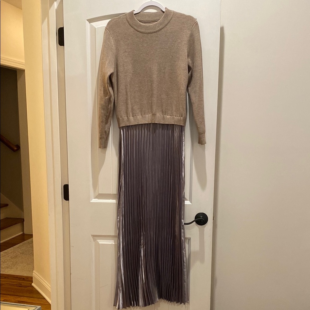 Chic Beige Sweater with Pleated Skirt